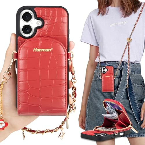 Hanman Étui portefeuille en cuir avec dragonne, étui portefeuille en cuir synthétique microfibre avec fermeture éclair pour iPhone 17, étui portefeuille et porte-cartes en cuir de crocodile (rouge)