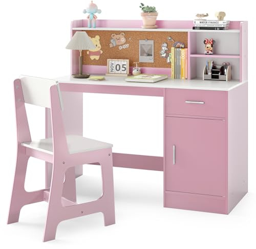 COSTWAY Kids Desk and Chair Set, Wooden Children School Study Table with Drawer, Bulletin Board, Hutch, Storage Shelves, Student Writing Desks for Reading Crafting (Pink+White)