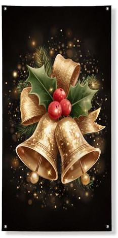 Festone decorativo natalizio per porta, campane dorate e foglie di agrifoglio per interni ed esterni, decorazione gioiosa per celebrazioni invernali, 91 x 183 cm