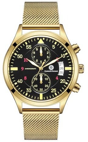 Constantin Durmont Herren-Fliegeruhr „Mondevoir GDBK“ – Quarz-Chronograph mit Big Date, schwarzem Zifferblatt, goldfarbenem Gehäuse & Milanaise-Armband