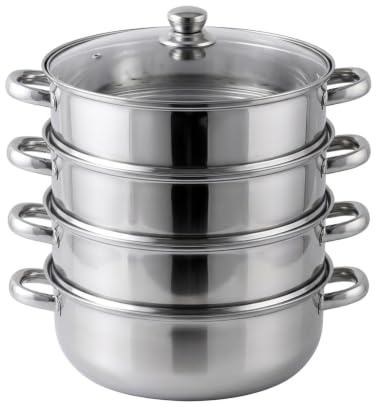 Cuocere a vapore per cucinare, 28 cm, in acciaio inox con inserto a vapore, pentole a 3/4 piani con coperchio, fornello a vapore in acciaio inox, pentola a vapore per zuppa, pasta, pesce (4 piani)