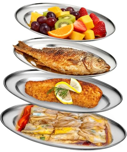 VETOLAKA 4 Stück Servierplatte, 26CM+30CM+35CM+40CM Edelstahlplatte Stahltablett, Silbern Ovale Serviertabletts Servierteller für Kellnertablett, Wurst, Käse, Party, Schlemmerplatte, Kaffeetablett
