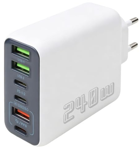 Cargador USB C 240W de 6 Puertos,Cargador Multiple USB con 3USB-C y 3 USB-A | cargador carga rapida GaN PD 3.0 PPS QC 4.0, cargador USB de Pared Blanco para Phone 16/15/14, Pad, MaBook, Galaxy