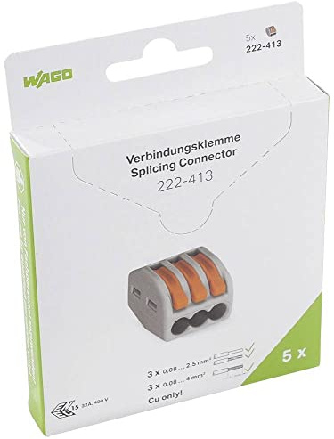 WAGO CLASSIC-Verbindungsklemmen 222-413/995-005 | 3 Leiter, bis 4 mm², 5 Stück, CLASSIC Kabelverbinder mit Hebeln für alle Leiterarten weltweit, bestätigte Anwendungssicherheit