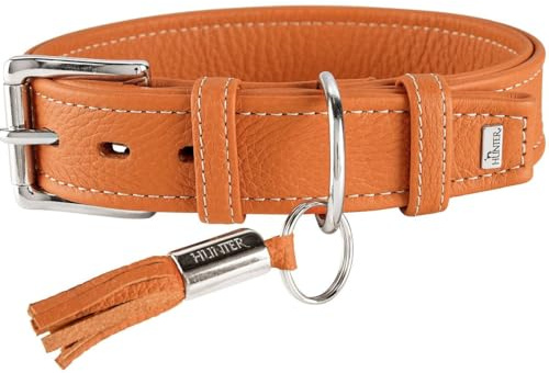 HUNTER Cannes Hundehalsband | Rindnappaleder, weich, edel, elegant, klassische Form, mit Schlüsselanhänger, Farbe; Orange, Größe: 55