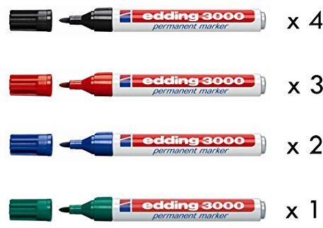 edding Marker 3000, Rot, 2 Box 10 Stück sortiert (4 schwarz, 3 Blau, 1 grün)