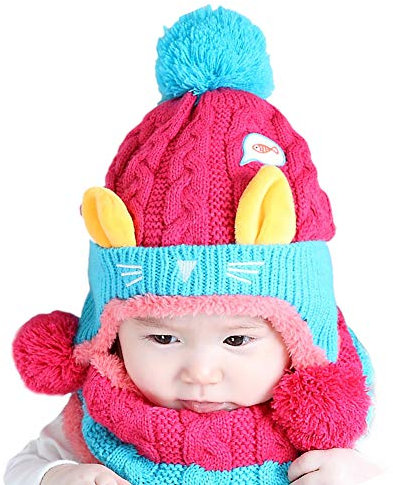 Lazeny Baby Strickmützen Niedlich Katze Kindermützen Wintermütze mit Plush Schal Häkelstrick Winter Warm Hüte Schlupfmütze Gestrickte Kappe Schnee Hut für Mädchen Jungen Kleinkind (6-48 Monate)-Rose