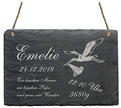 Schiefertafel Klapperstorch - Schild mit Baby Name Geburtstag