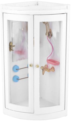 Dollhouse Accessory, Mini 1:12 Wooden Bathroom Simulation Toy Shower Room Furniture Set Doll House Pretend Toy Washroom Parts Educational Accessories for Baby Girls Dollhouses