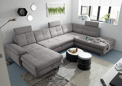 Stella Trading ALBA Wohnlandschaft in U-Form, Stoffbezug Silber - Ausziehbares Sofa mit Schlaffunktion & Bettkasten - 349 x 88 x 233 cm (B/H/T)