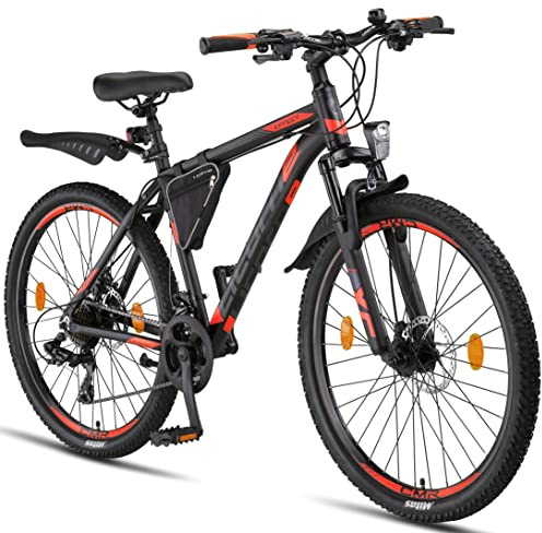 Licorne Bike Vélo VTT haut de gamme, pour filles, garçons, hommes et femmes, avec dérailleur Shimano à 21 vitesses, Garçon, Noir/orange (2 freins à disque)., 26 pouces
