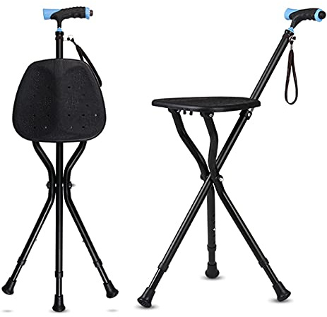 HYHMJ-Canne À Siège Pliant Avec Lumières LED Invalidité Aide Médical Extensible Canne Trépied Sécurité Stabiliser Camping Voyager Marche À Pied À L'extérieur Portable Chaise Siège,Noir