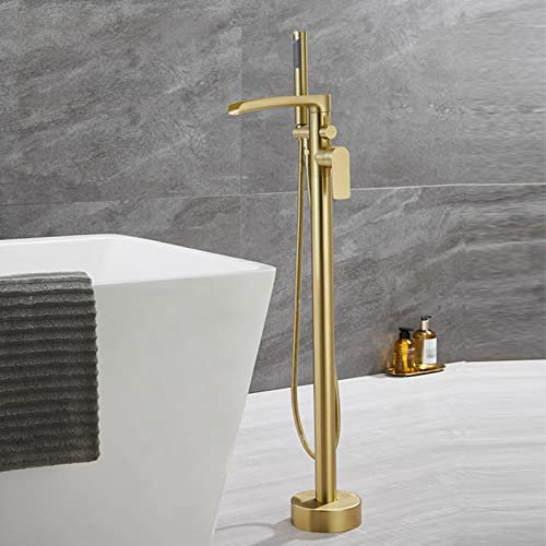XJTNLB Freistehende Badewanne Armatur Wasserfall Duschhahn Set Badewannenarmatur mit Handbrause Gebürstetes Gold