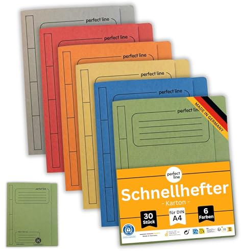 perfect line - Schnellhefter A4 30er Set, Recyclingkarton 250g, Blauer Engel, Made in Germany, 6 Farben je 5 Stück, Beamten- & Kaufmännische Heftung