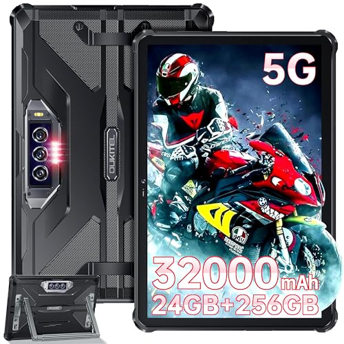 OUKITEL RT7 Rugged Tablet 5G, 32000mAh 10.1 Inch FHD+, 24GB(12+12) RAM + 256GB ROM Gaming Tablet Android 13, 48MP+32MP Camera, Dual SIM 5G, GPS, OTG, IP68/IP69K, Black