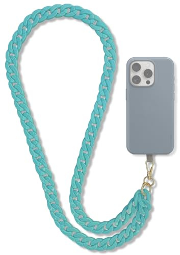 ONIRIX Tour de Cou original pour téléphone portable, Chaîne Bijoux 120 cm, Dragonne, Mousqueton doré (Turquoise Lagon)