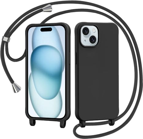AOMYKE Handyhülle für iPhone 15 Hülle mit Band, Handyband iPhone 15 Hülle zum Umhängen Schutzhülle mit Kette Kordel Weich TPU Liquid Silikon Case, Schwarz
