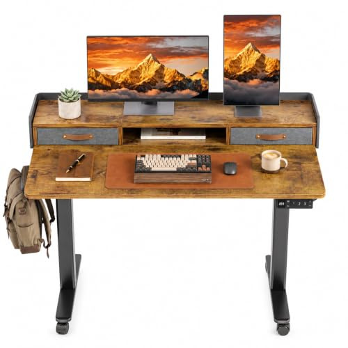Claiks Schreibtisch Höhenverstellbar Elektrisch, Höhenverstellbarer Schreibtisch 140x60 cm mit Schubladen und Monitorständer, Standing Height Adjustable Desk, Braun