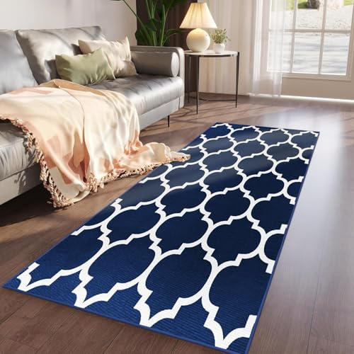 Imperial Rooms Area Rugs Living Room - Runner Rugs for Hallway - Modern Kitchen Carpet Geometric Trellis Style Non Shedding Soft Touch Ava Navy Hallway Runner Easy Care (60 x 220Cm)