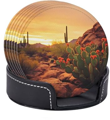 Lot de 6 dessous de verre en cuir avec motif cactus au coucher du soleil - Avec support - Pour boissons chaudes ou froides - Table basse