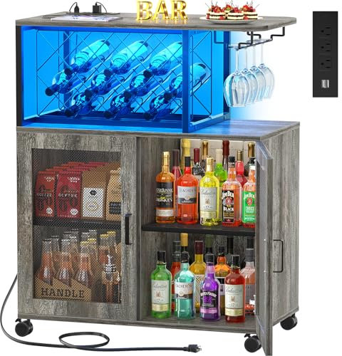 Girapow Kleiner Barwagen mit Rädern, Weinbarschrank mit LED-Licht, Likörschrank mit Steckdosen, Home Minibar mit Weinregal, Gläseraufbewahrung für Küche, Esszimmer, Wohnzimmer, Grau