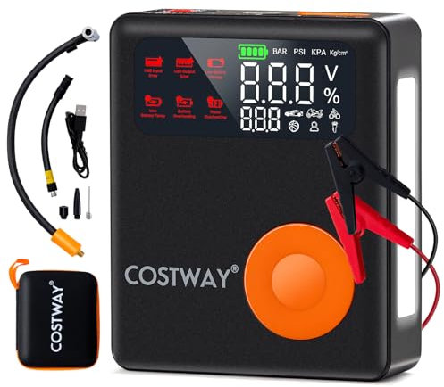 COSTWAY Démarreur de Batterie Voiture 12V 2000A avec Gonfleur de Pneus 150 PSI, avec Compresseur d'air pour Moteurs Essence Jusqu'à 8L & Diesel Jusqu'à 5L Lumière d'urgence, 13000 mAh