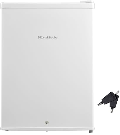 Russell Hobbs Table Top Larder Mini Fridge Lockable 66L Capacity, Reversible Door and Adjustable Feet, 0 to 8 Degrees Manual Temperature Control with Lock and Key, White RH67TTLF0E1W-LCK