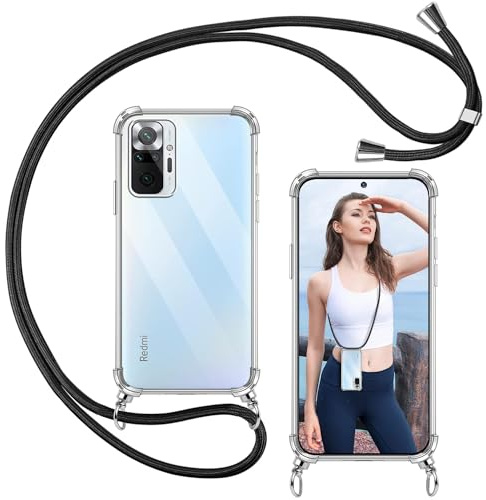 ISOI - Coque avec Cordon Compatible avec Xiaomi Redmi Note 10 Pro, Collier Réglable Téléphone Portable Lanyard Case, Ètuis à Bandoulière Transparente en Silicone TPU Souple avec Airbag Antichoc- Noir