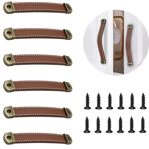 Oenothera 6 Stück Ledergriffe für Möbel, Vintage Möbelgriffe Knöpfe Ledergriff, Küchengriff Leder Knopf Schrankgriff, Koffer-Gepäckgriff für Küchenschränke, Kleiderschrank, Bad（Khaki）