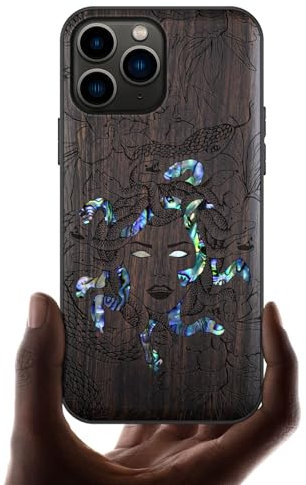 Carveit Coque Compatible avec iPhone 11 Pro Étui en Bois Cover [Gravure en Bois et Incrustation de Coquille] Case pour 11 Pro Coque Premium (Bois Sombre-L'énigme méduse)