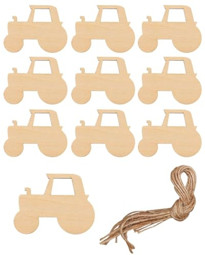 QLEUIFT 20 pcs Cartoon-Traktor Für Kunst Und Handwerk Zum Bemalen Von Autos Holzscheiben Zum Zeichnen Mini-Diy-Holzverzierungen Unbemalte Holzscheiben Holz-Party-Diy-Zubehör, 2 Meter Hanfseil*2