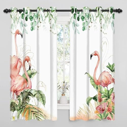 Gardinen Flamingo Palmblätter Verdunklungsvorhänge mit Ösen Thermo Vorhang Kälteschutz, Blickdichte Gardinen Schlafzimmer Curtains Blackout Vorhang Wärmeisolierend 270x140 cm(HöhexBreite), 2er Set
