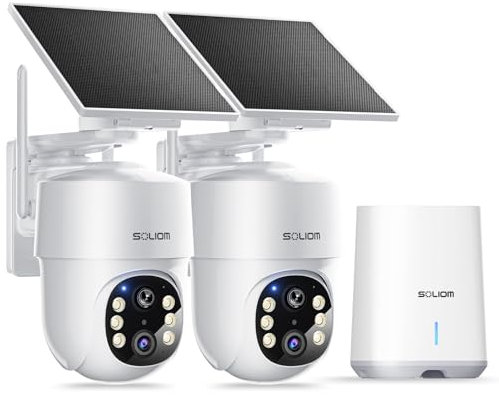 SOLIOM- 5MP Security Cameras Wireless Outdoor, No Subscription & Solar Powered,2-Cam Pack Home Security Camera with 360° Auto Human Motion Tracking, 3K Color Night Vision,5G & 2.4G Router Compatible