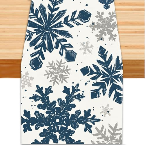 TELAIN Weihnachtlicher Tischläufer Winter, Blau Silber Schneeflocken Tischdeko für Küche Esszimmer Bauernhaus 13x72in