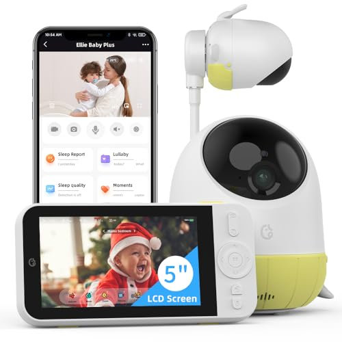 Ellie Babyphone mit Kamera 5 Zoll,Video Baby Monitor Babyphone ohne WLAN mit Kamera und Audio,2-Wege-Gespräch,2.5K HD,Gesichtsmaskierungsalarm, Atemerkennung, Schreierkennung, virtueller Zaun,PTZ