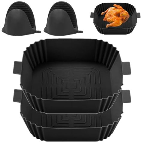 Mivanta Lot de 2 moules en silicone réutilisables pour friteuse à air chaud avec 2 clips de gant en silicone anti-chaleur, pot en silicone réutilisable pour friteuse à air, micro-ondes, four