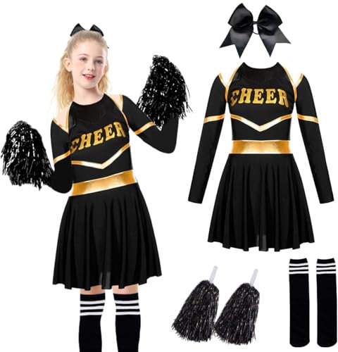 XLZJYIJ Deguisement Pompom Girl Enfant, Costume Cheerleader Filles Enfant avec Pompoms, Ornement de Tête et Chaussettes, Deguisement Cheerleader, Déguisement Uniforme de Pom-pom Girl(130)