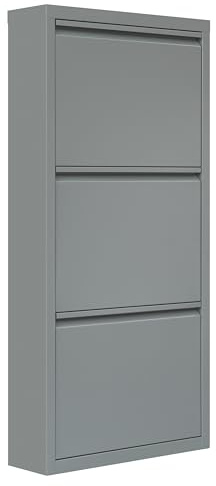 WOLTU Schuhschrank, mit 3 Klappen, Schuhregal, Schuhkipper, für 6-9 Paar Schuhe, aus Metall, für Flur Wohnzimmer, 50x106x15 cm, Hellgrau