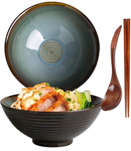TuYines Ceramic Ramen Bowl, Ramen Bowl Set, Japanese Ramen Bowl with Spoon & Chopsticks, 1200 ml Soup Bowls, SaladBowl (Style B)
