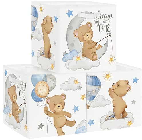 HUUMONSS 30cm Juego de 3 Cajas de Almacenamiento Animales Dormidos Organizadoras de Almacenaje Juguetes Oso Estrellas Globo Plegables Cestas Almacenaje Niños Libro Ropa para Estantes Armario,Luna