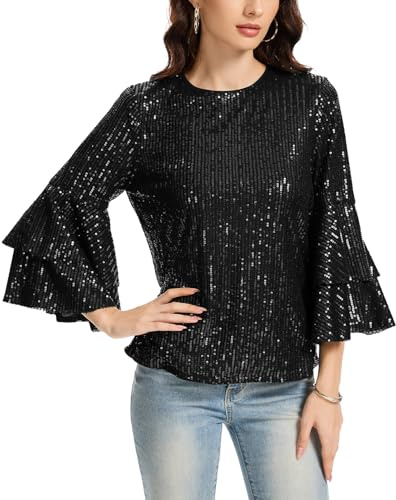 Kyzoeyou Damen Pailletten Oberteil Glitzer Tops Langarm Rundhals T-Shirt Bluse Cap Ärmel Freizeit Tunika Party Festival