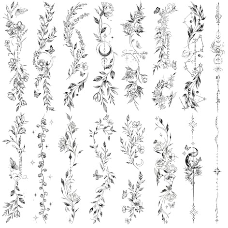 VelvetGlow Blume Tatuaggi Temporanei per Donne Ragazze, 16 Fogli di Fiori Neri Foglie Piante Selvatiche Schizzo Adesivi Tatuaggio, Tatuaggio Impermeabile per Braccio Clavicola Arte del Corpo