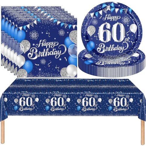 MOMAHUA 37P Birthday Tableware Set Navy&Silver Paper Tableware Complete Party Collection for 60th with Plates,Napkins&Tablecloth Sophisticated Dinnerware Decor for Him&Adult Celebrations