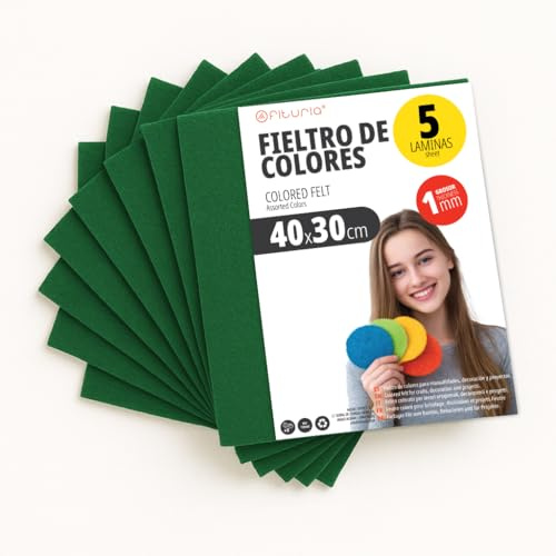 OFITURIA Fieltro para Manualidades DIY, Láminas de Tela de Colores Suaves y Flexibles para Costura, Patchwork, Proyectos Escolares, Arte Textil y Decoración 40x30cm (Verde Oscuro, 5 uds)