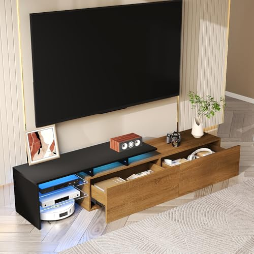 Meuble TV Moderne 160 cm avec Éclairage LED, 3 Portes, 4 Étages en Verre,Meuble Télévision Design pour Salon (Natural + Black)