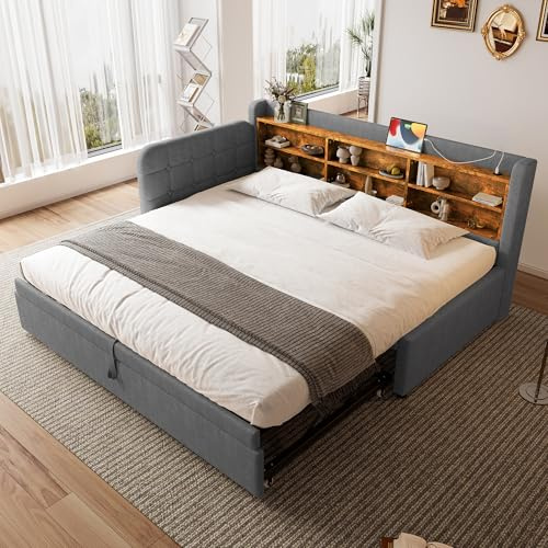 Gxffipw Schlafsofa Tagesbett 90x200 cm mit Rückenlehne und USB-Typ-C, Schlafcouch mit Ausziehbett 90x190 cm und Stauraum, Sofabett Bettgestell mit Lattenrost, Leinen, Grau, Ohne Matratze