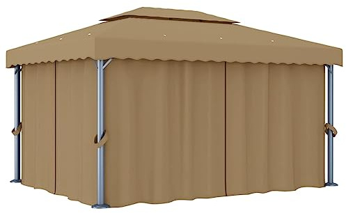 HETFTJN Tonnelle de jardin 4 x 3 m taupe en aluminium et acier, double toit pour la circulation de l'air, tente de jardin fixe avec rideau et moustiquaire, tonnelle de barbecue pour terrasse, jardin