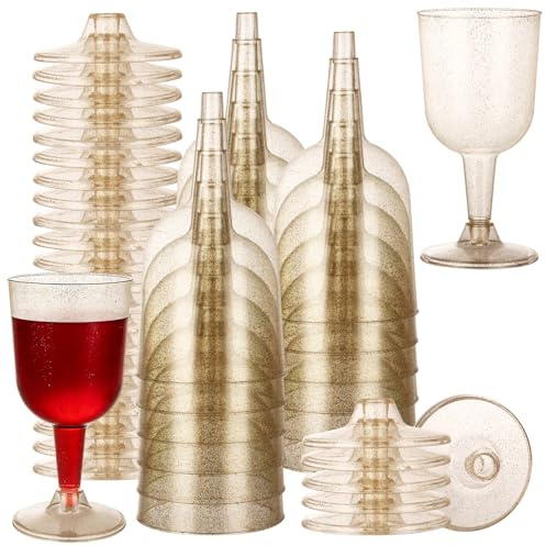 APACALI Lot de 100 verres à vin en plastique avec paillettes dorées, 160 ml, verres à vin en plastique, verres à vin de fête avec tige, laser à vin transparent pour mariages, anniversaires, Noël