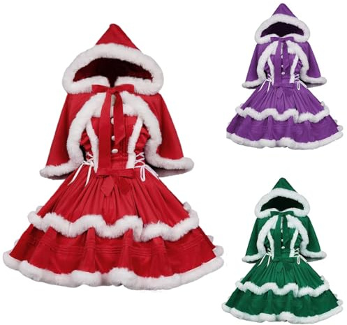 Generisch Juego de vestido de Navidad de Lolita con capucha, disfraz vintage de Navidad para mujer, con abrigo, rojo, morado, verde, fiesta de invierno, ropa de cosplay con adorno de piel (verde B
