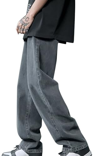Herrjeans vardagliga jeans enfärgade Y2K arbetsbyxor män klassisk passform män bekväma breda raka ben byxor med fickor fritid mode promenader streetwear hållbara denimbyxor för män UK, Grå, XXL
